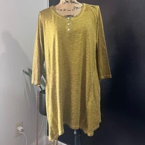 LOGO Lori Goldstein Henley Tunic Top Chartreuse Green 1X Lagenlook Artisanal